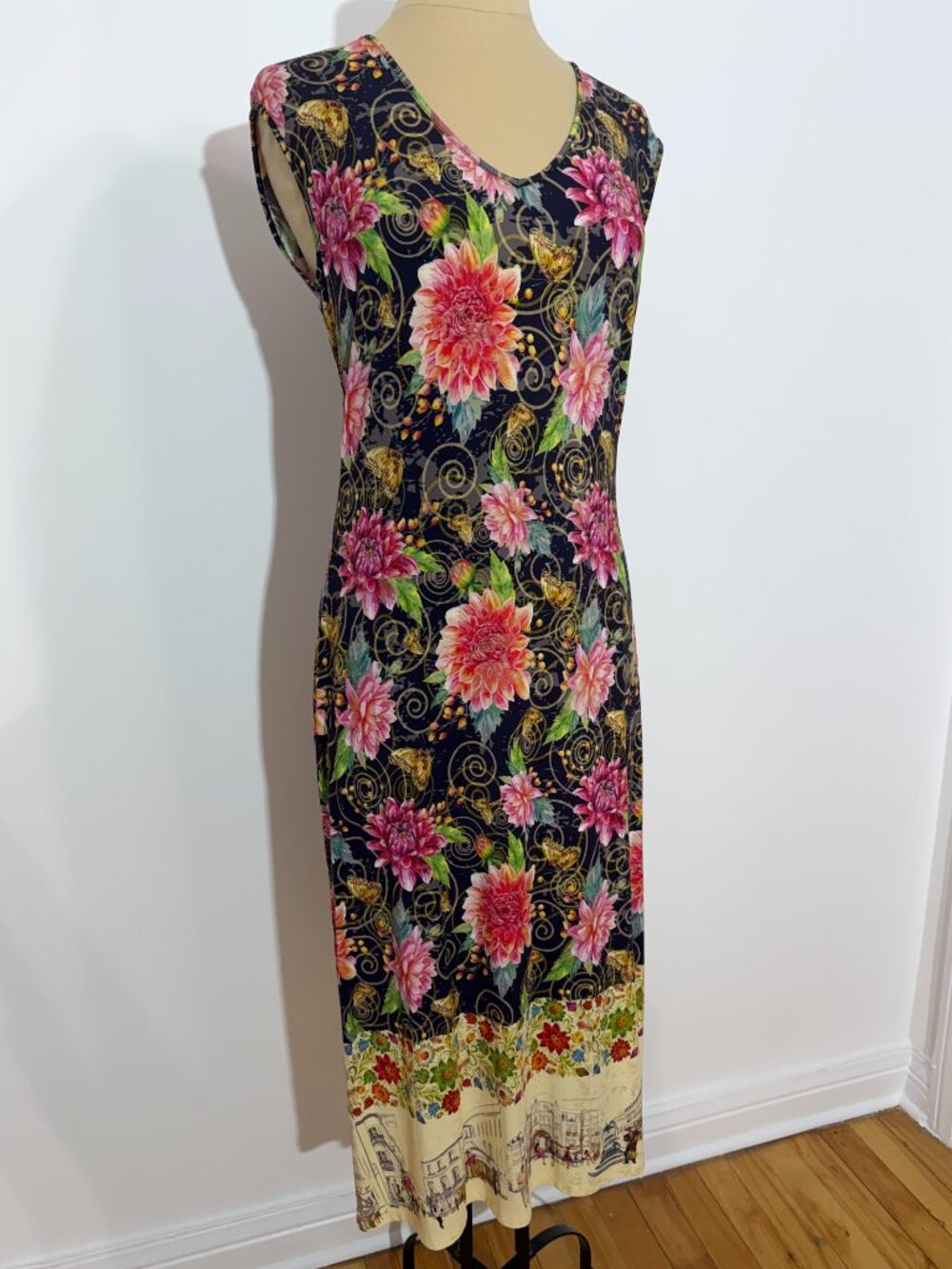 Johnny Was Black Sleeveless Floral Butterfly Pattern Maxi Dress